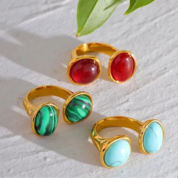 Amalfi Red Agate 18K Gold Stainless Steel Waterproof Gold Natural Stone 7 Ring - Picture 1 of 15